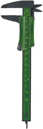 LAB ACCESSORIES Plastic Vernier Caliper Tough polymer is unbreakable under normal conditions. Measures inside, outside, step and depth, metric and inch to 0.1 mm or 1 64". Capacity is 13 cm.