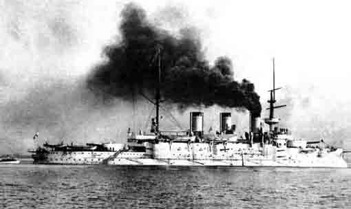 Battleship Pobeda returning to Port Arthur after hitting a mine on 13 April, 1904. One can see a clear bowdown trim with a slight list to port. Russian battleship Pobeda.
