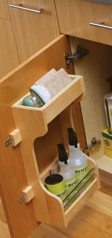 A convenient storage rack on the door organizes cleaning