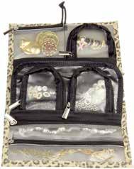 Comes in Leopard, Zebra or lack Comes in Leopard, Zebra or lack 6931-1 Leopard 6921-1 Zebra 6901-1 lack Tri-Fold Jewelry Organizer Eight frosted, see-through zippered pockets of varying size for