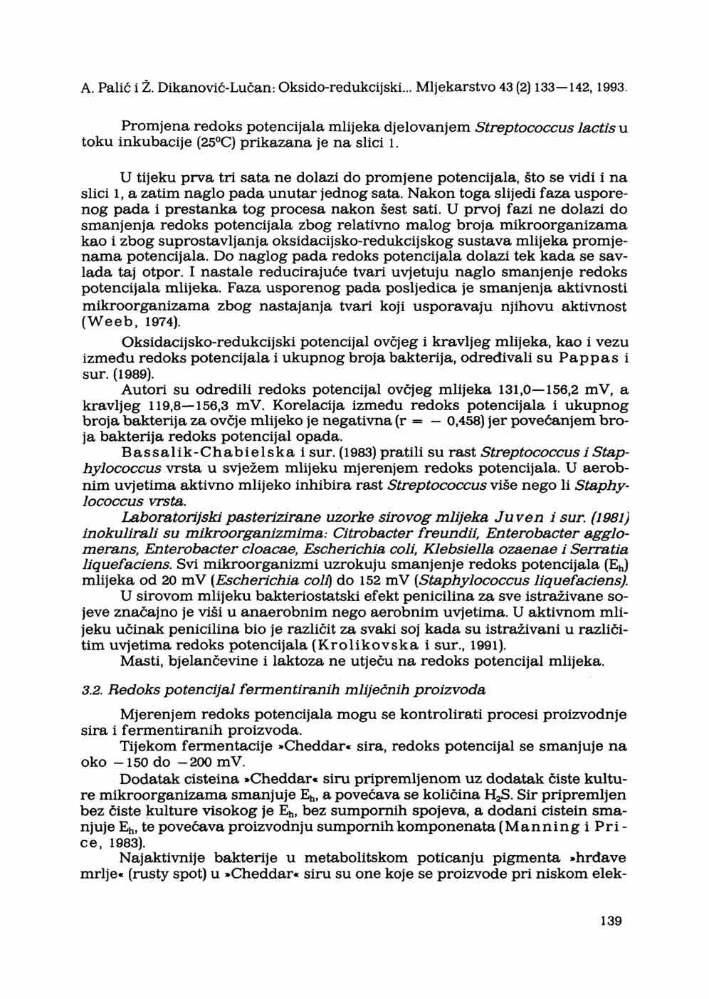 A. Palić i Ž. Dikanović-Lučan: Oksido-redukcijski... Mljekarstvo 43 (2) 133 142,1993. Promjena redoks potencijala mlijeka djelovanjem Streptococcus toku inkubacije (25 C) prikazana je na slici 1.