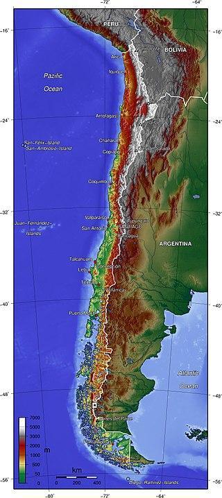 Chile Geography Chile occupies a long, narrow strip of land between the Andes Mountains to the east and the Pacific Ocean