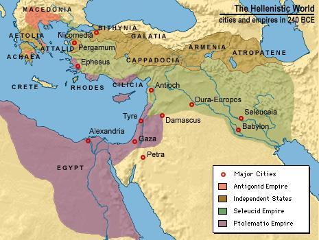 IV. The Hellenistic Synthesis 323-30 B.C.E. A. The Hellenistic (greek influence)kingdoms 1. After Alexander died his empire broke up into three kingdoms. 2.