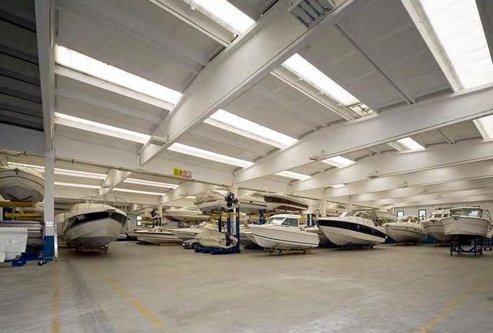 It houses a new and used boat showroom,