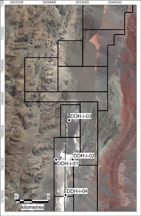Salar de Incahuasi 2018 Drill Program 4-drill-hole, 878 m program Testing the 2 highly conductive domains identified from VES Survey Along 12 km parallel to the salar long axis Modest,