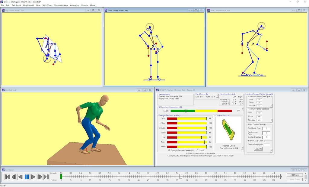Figure 13. Estimation of various forces on the body using 3DSSPP software using a traditional shovel posture Lower back compression was estimated to be 477 lb using 3DSSPP.