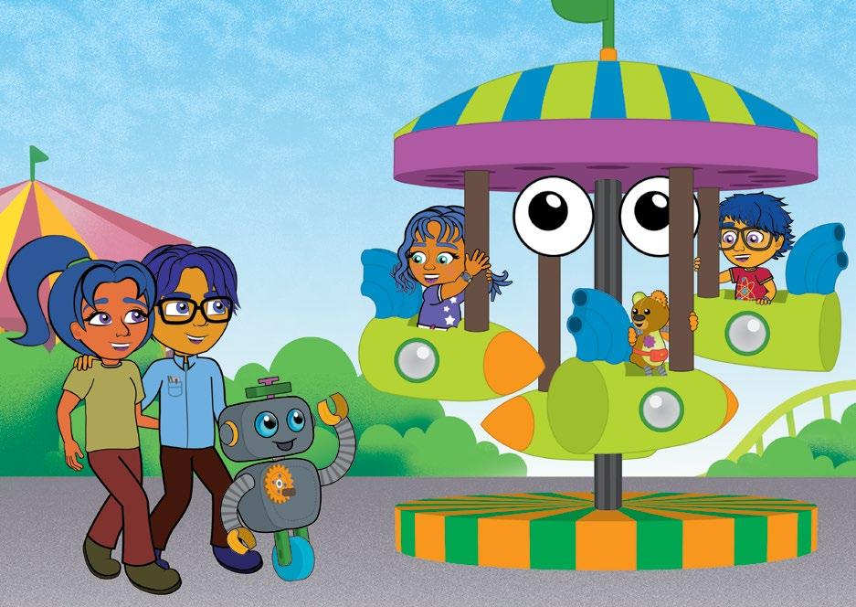 Karlie and Ty rode the merry-go-round around and around. The merry-go-round rotated like a wheel around a central shaft. Weeeee! That was so fun! grinned Karlie. Wow, good work kids!