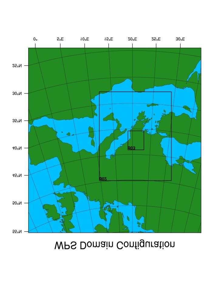 a) b) Figura 2: (a) Konfigurimi i modelit WRF në tre territore të mbivendosura, territori i ashpër (D01) ka 152x157, D02 ka 316x376, dhe D03 ka 341x381 pika horizontale në rrjet me hapësirë 25km,