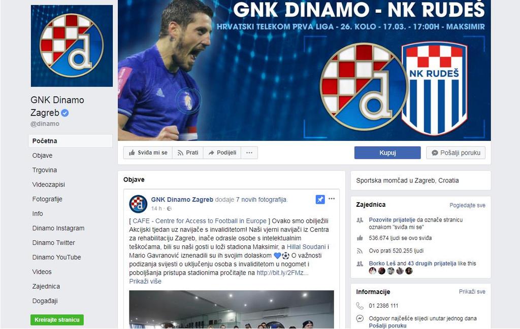 Slika 10. Facebook profil GNK Dinamo Izvor: izrada autora prema https://www.facebook.