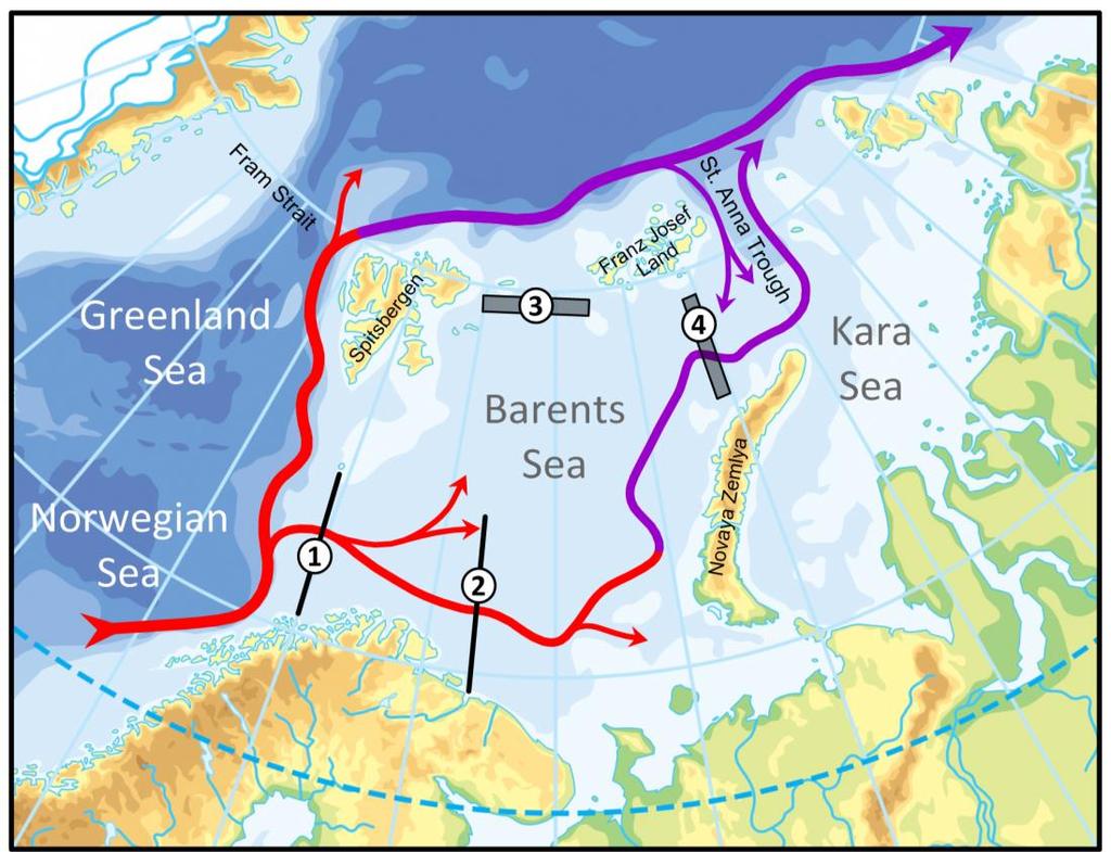 10 Anenx 5 WGIBAR 2016 Fig. 3.1.1. The main paths of Atlantic waters in the Barents Sea as well as Fugløya Bear Island Section (1), Kola Section (2) and boxes in the northwestern (3) and northeastern (4) Barents Sea.
