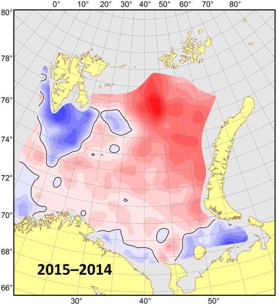 Surface temperatures (upper, C) and their differences between 2015 and 2014 (lower left, C) and anomalies (lower right, C), August September 2015.