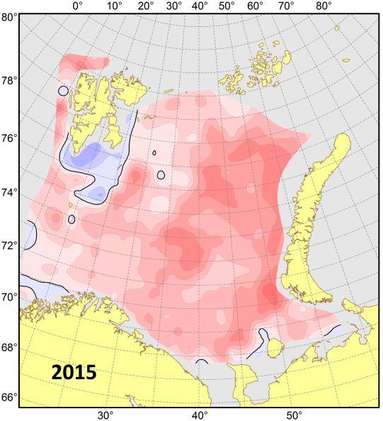 4 higher than both the long-term mean and that in the previous year in most of the Barents Sea with the largest positive anomalies (>0.