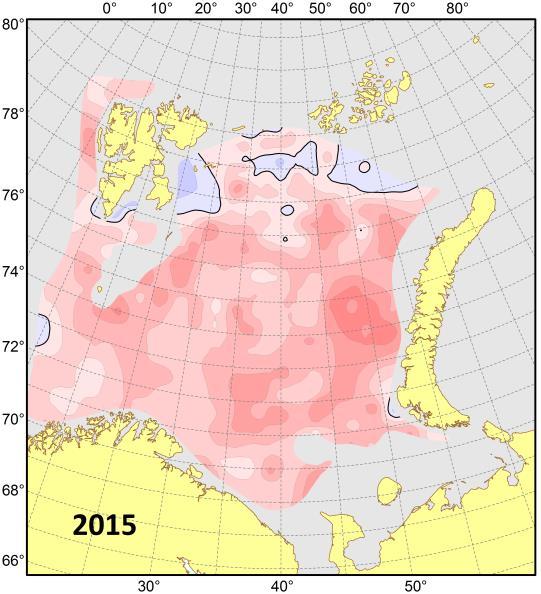 Archipelago. Compared to 2014, the 50 and 100 m temperatures were higher (on average, by 0.8 and 0.