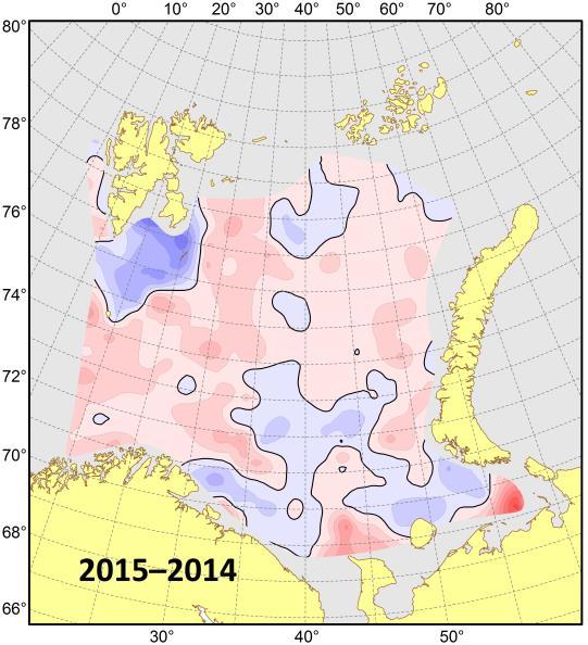 Negative differences in temperature between 2015 and 2014 were on average 0.