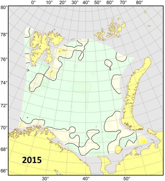 Area of water masses In the past decades, the area of Atlantic Water and mixed waters has increased,