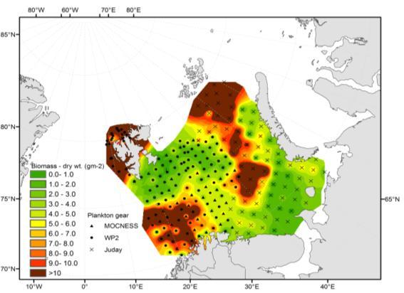 7 g m -2 ) as the area coverage differed for the two years, especially since the northernmost area between Spitsbergen and Franz Josef Land was not monitored in 2014 due to extensive ice cover.