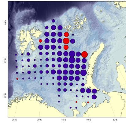 ICES Working Group Template 69 Fig. 4.2.2. Observation of cod (left) and polarcod (middle) during the joint Barents Sea Ecosystem survey in 2004-2013.