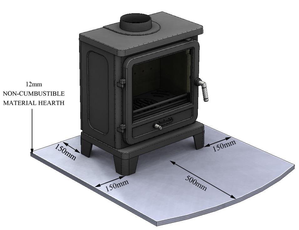 It is possible to fit the stove with less clearance around it down to 50mm, but the non-combustible material around it must be at least 150mm thick.