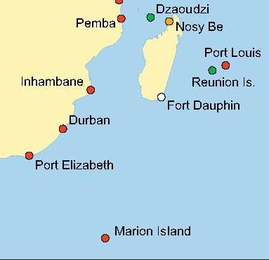 SW Indian Ocean Mozambique: Pemba & Inhambane - South Africa: Durban, Port Elizabeth, Simons Town, Marion Is.
