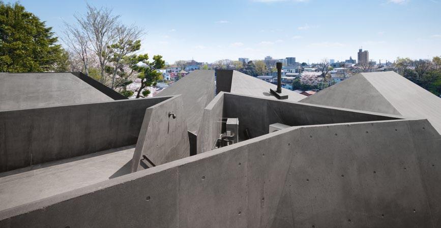 With their simple geometric shapes, the roofs, walls and stairways reflect the building s topographical context.