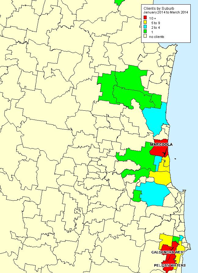 Figure 4: Sunshine Coast and Caloundra Airports Client Density by Suburb for the period, January 2014 to March 2014.