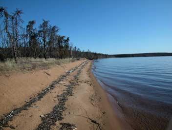 Extensive rocky and sandy beaches are present on many lakeshores in the area, and rocky islands are a common feature on the larger lakes.