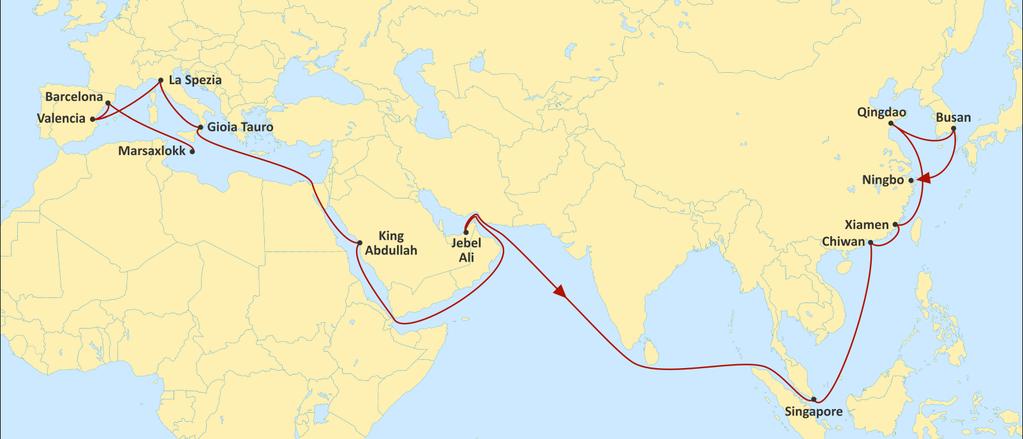 JADE EASTBOUND Fast West Mediterranean service to Red Sea, Middle East and Asia, with improved transit times. Excellent reefer service to Middle East. Direct calls to Xiamen an Chiwan.