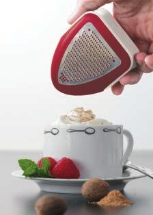 V-shaped teeth. The tip of the blade offers wider holes to allow you to shake the nutmeg or other spices direct from the grater onto a fresh cup of cappuccino or onto a dessert.