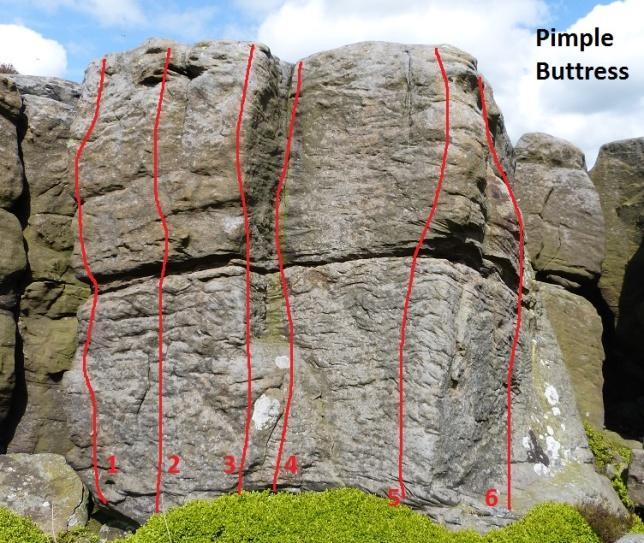 11 Smooth Operator F5+**. The technical 12 Back Crack F2+. The crack. Pimple Buttress Much better than its name implies. 1 Pimple F3+*.
