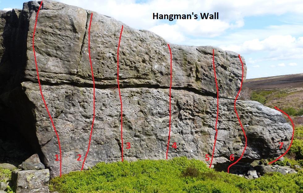 Hangman s Wall. This is another good warm-up spot with lots of positive knobbly holds. 1 Pierrepoint F5. The left arete is not as easy as it looks. 2 Hanging Crack F4+**. The classic crack.