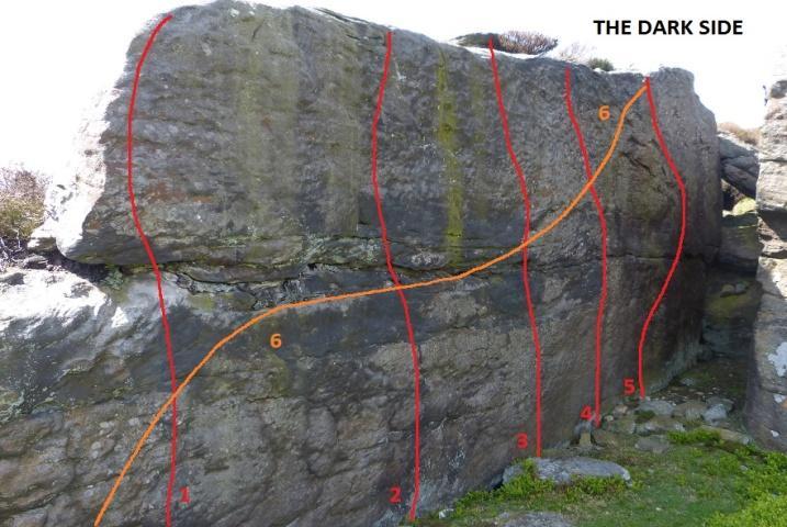 6 Elephant s Ear F4+ The wall to right arete from a sitter with feet below the roof. 7 Idle Hangs F6c*. Lie down start then use a pocket and crack to climb the bulge. Lateral thinking helps.