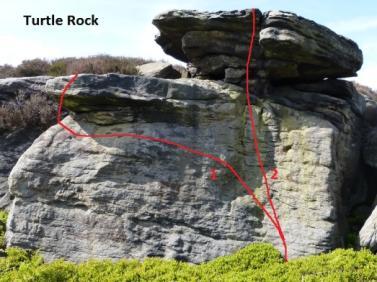 Dizzy Corner contains 7 excellent problems. 1 Izzitw thit? F4. We thought so. 2 Izzy s Arete F5+*. The left arete with a sketchy finish. 3 Dizzy Izzy F5**. A fine reachy wall. 4 DIzzy Corner F2+.
