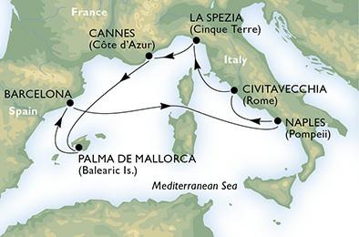 DESTINATION MED ITINERARY Spain,Italy,France SHIP MSC DIVINA EMBARKATION_PORT Barcelona, Spain DEPARTURE_DATE 3 June 2015 CRUISE_LENGTH 7NIGHTS Naples (Italy) Friday 5 June 2015 NAP04