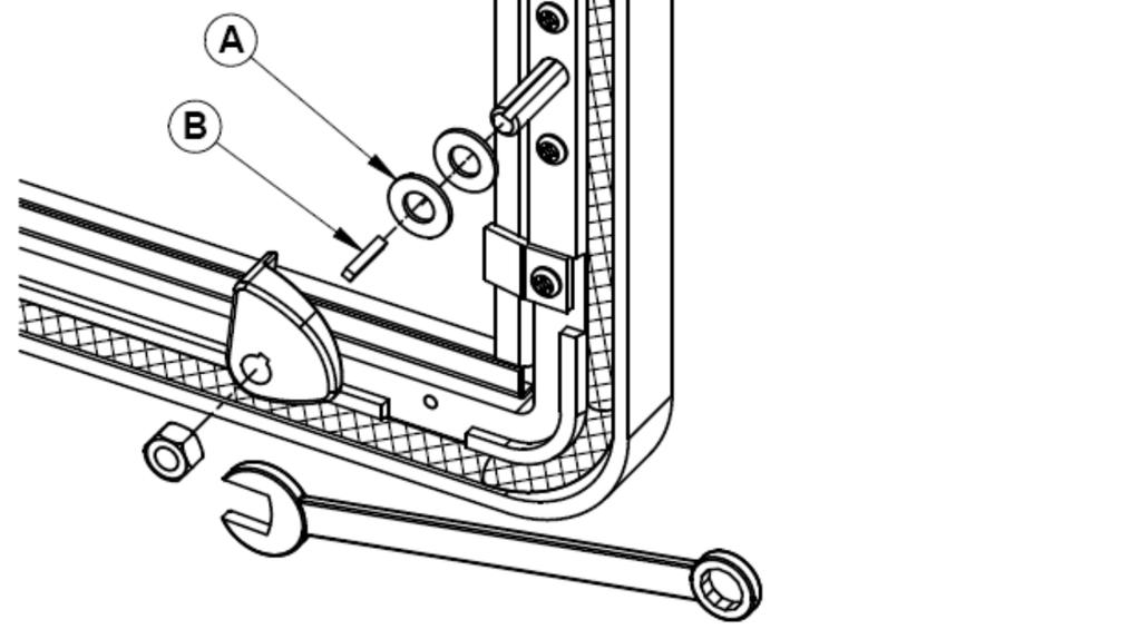 5.1.2 Door adjustment 1. Unscrew the nut. 2. Remove the door latch and the key path pin (B). 3. Remove or add one washer (A) as needed. Keep the removed washer for future adjustment. 4.
