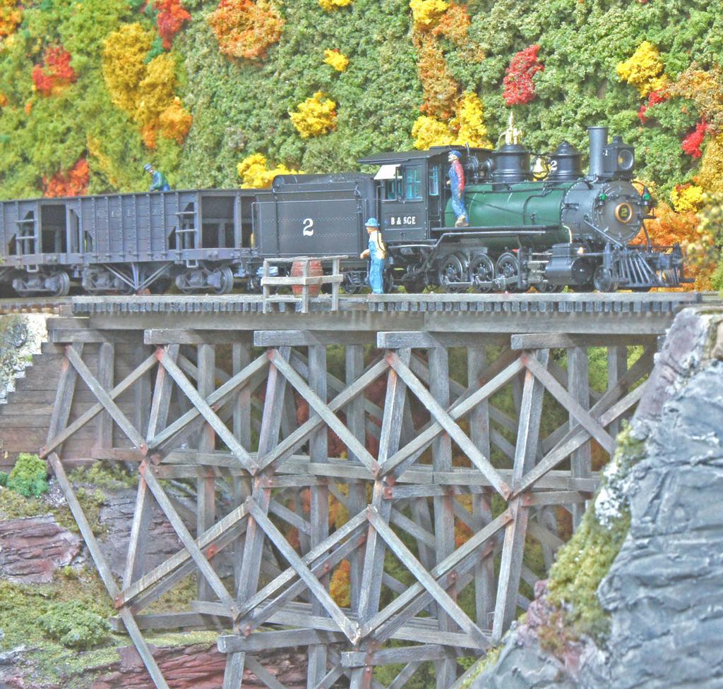 , a Blackstone product, pauses on Reed Trestle on the Buchanan Branch of the HOn3 B&SGE.