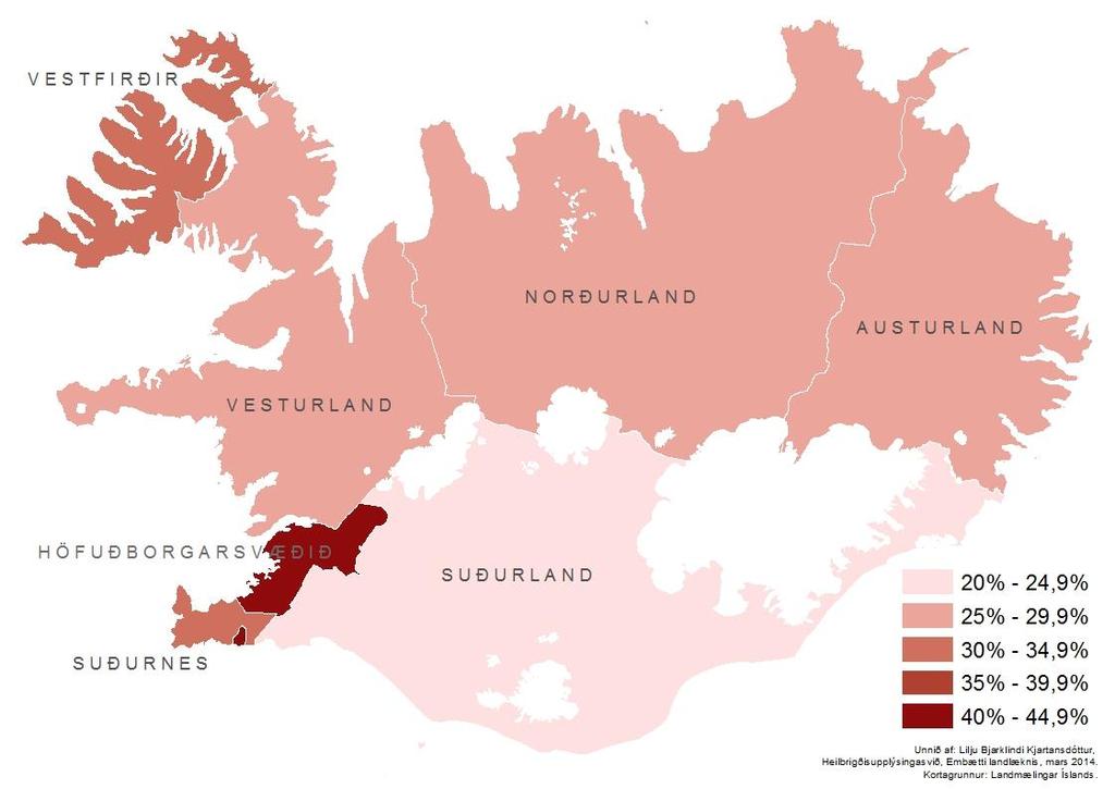 Mynd D116. Hlutfall Íslendinga sem sögðust verja 8 klukkustundum eða meira sitjandi virku dagana í vikunni áður árið 2007, eftir heilbrigðisumdæmunum sjö.