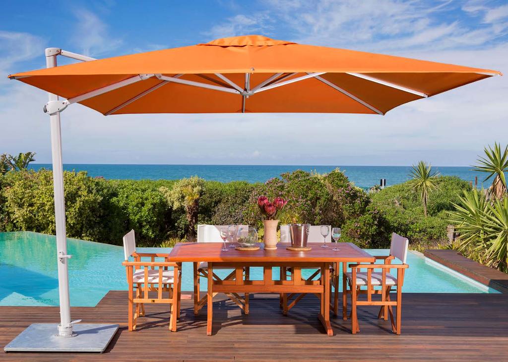 Pavone This cantilever umbrella makes for more free space. It offers shade without the usual center pole umbrella base taking up the space.
