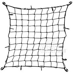 Safari Roof Rack Net 1. Bungee net with black plastic hooks. 2. 40" x 36", unstretched size. 3. Made by SportRack. Bungee Truck Bed Net 1. Use in truck bed, on trailer, or on RV. 2. Comes with movable plastic hooks.