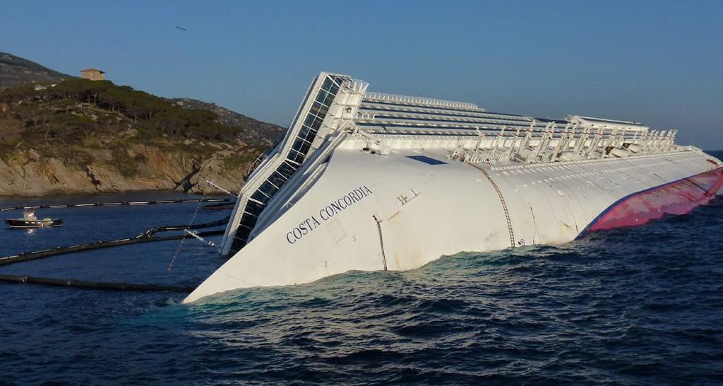 The Costa Concordia came to an uncertain rest on a sea shelf close to shore.
