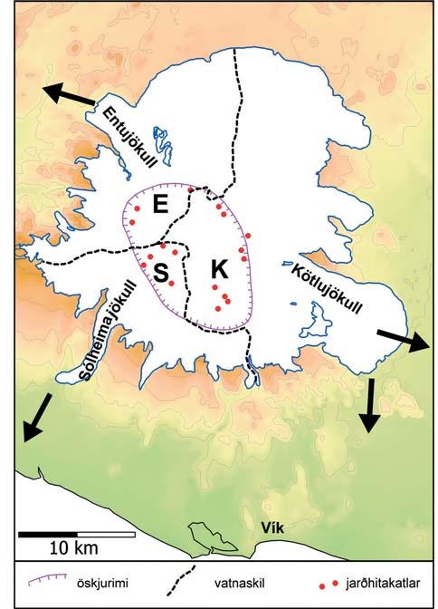Líkindi eldgosa, hlaupa og færslu eldvirkni 137 Mynd 2. Mýrdalsjökull, Kötluaskjan, jarðhitasigkatlar innan hennar og vatnaskil undir jöklinum (Björnsson og fl. 2000).