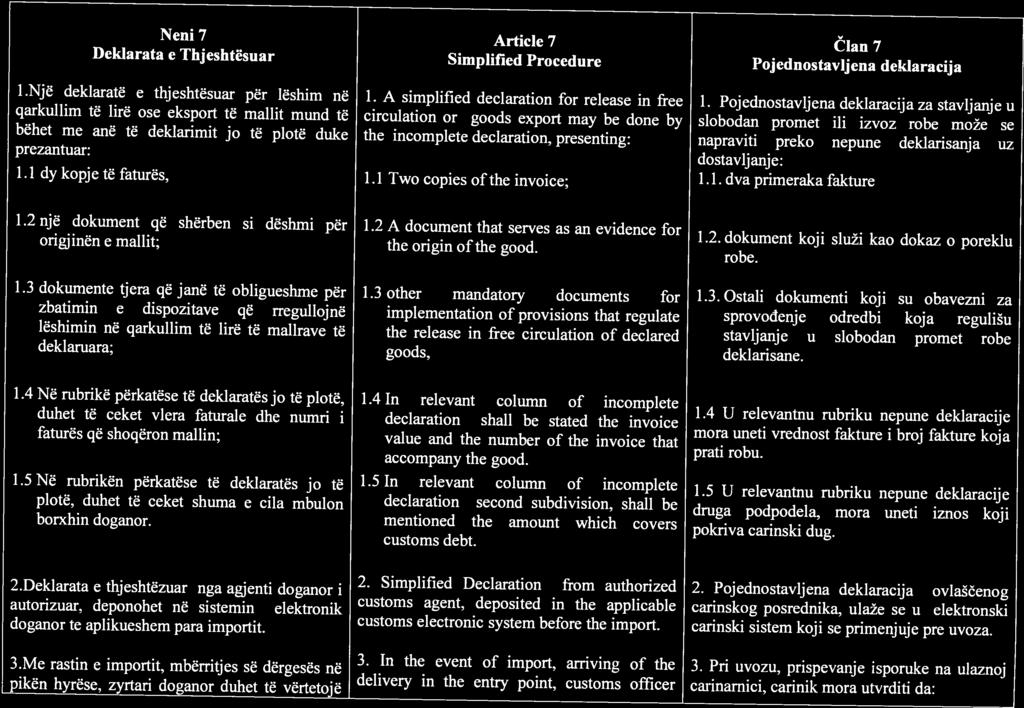 Neni 7 Dekiarata e Thjeshtësuar Article 7 Simplified Procedure Oan 7 Pojednostavljena dekiaracija 1.