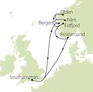Olden, Nordfjord, Norway Eidfjord, Hardangerfjord, Norway Kristiansand, Norway Southampton Inside cabins from