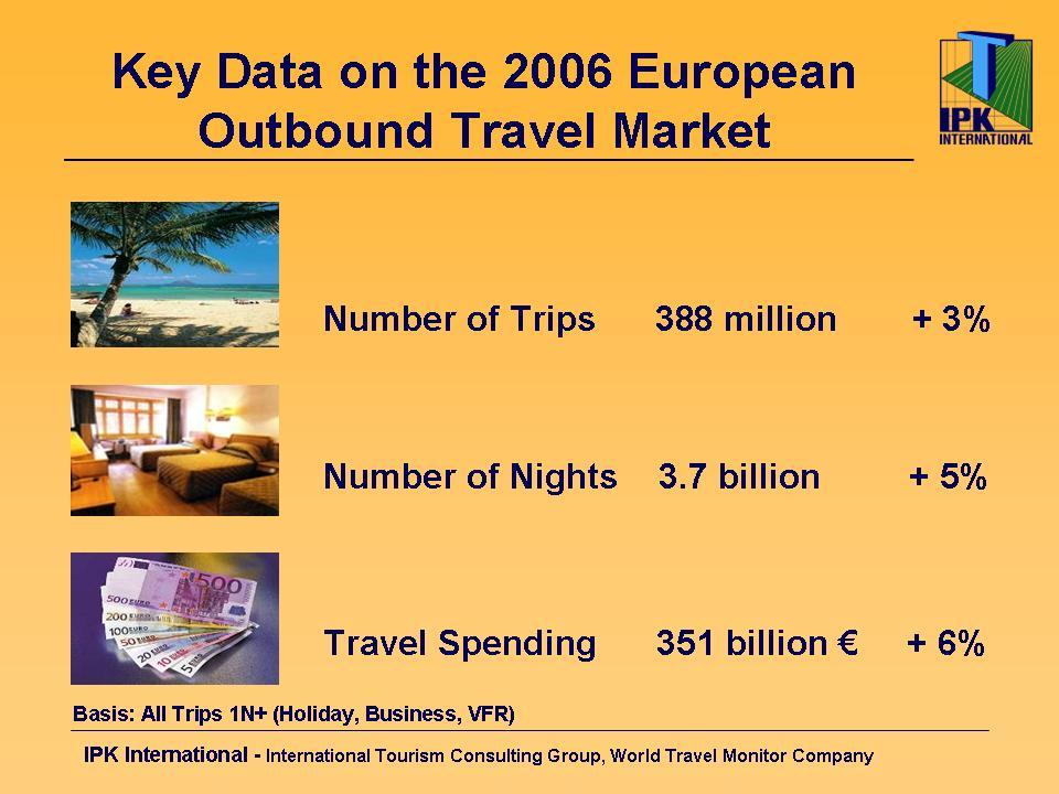 European Travel Trends In 2006, the Europeans took a total of 388 million outbound trips (+3% over the previous year), thereby