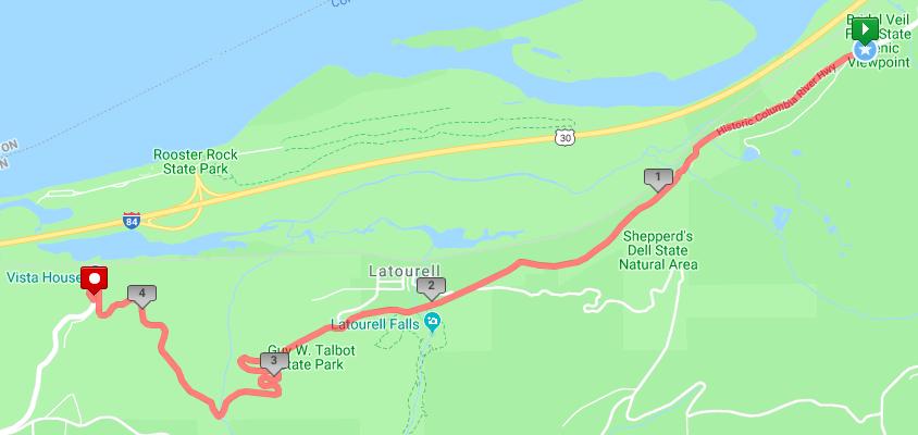 Leg 8 4.41 miles Gain 700 ft, Loss 301 Leg 8 Start: Bridal Veil Falls State Scenic Viewpoint parking area Exchange 8: Vista House 0.