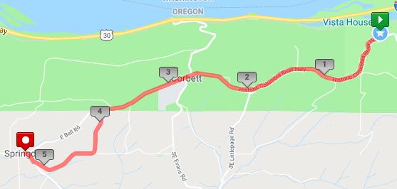 Leg 9 5.29 miles Gain 250 ft, Loss 669 Leg 9 Start: Vista House Exchange 9: Springdale School, Corbett 0.0 m Head west on the Historic Columbia River Hwy. on the Right side of the road 1.