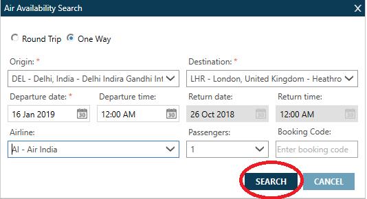 Select the option of Round Trip or One Way, add the origin and destination along with the date of travel,