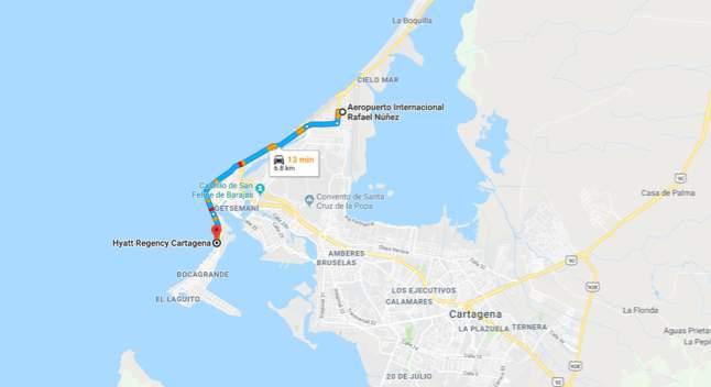LOCALIZATION MAP TRASLADOS From Rafael Núñez International Airport to Event Venue (Hyatt Regency Cartagena).