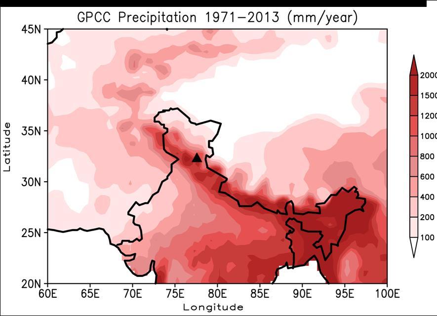 Chhota Shigri glacier and precipitation in the Himalayas map
