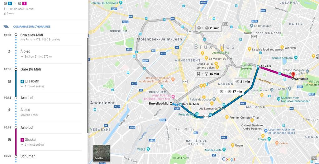 Direction from Bruxelles-Midi to Schuman By metro: STIB ticket (2 ) - Take the metro 6 (blue) direction ELISABETH, get