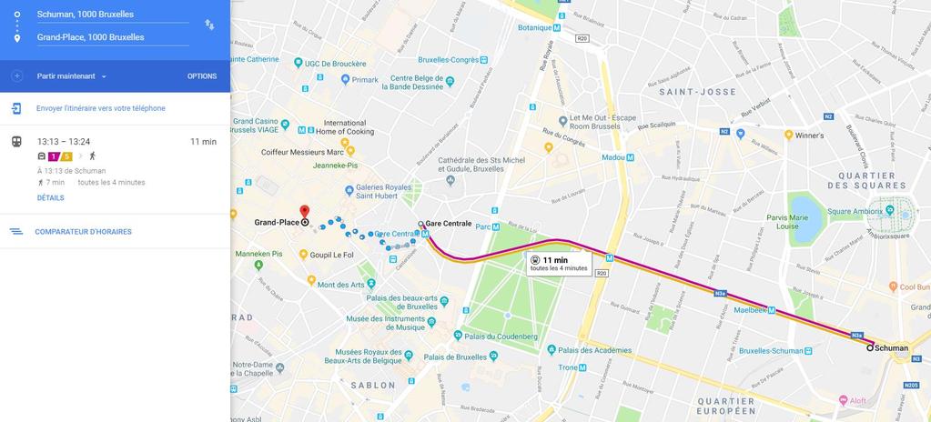 Direction from Schuman to Grand Place Metro 1 or 5 (purple / yellow line) direction Gare de l ouest or